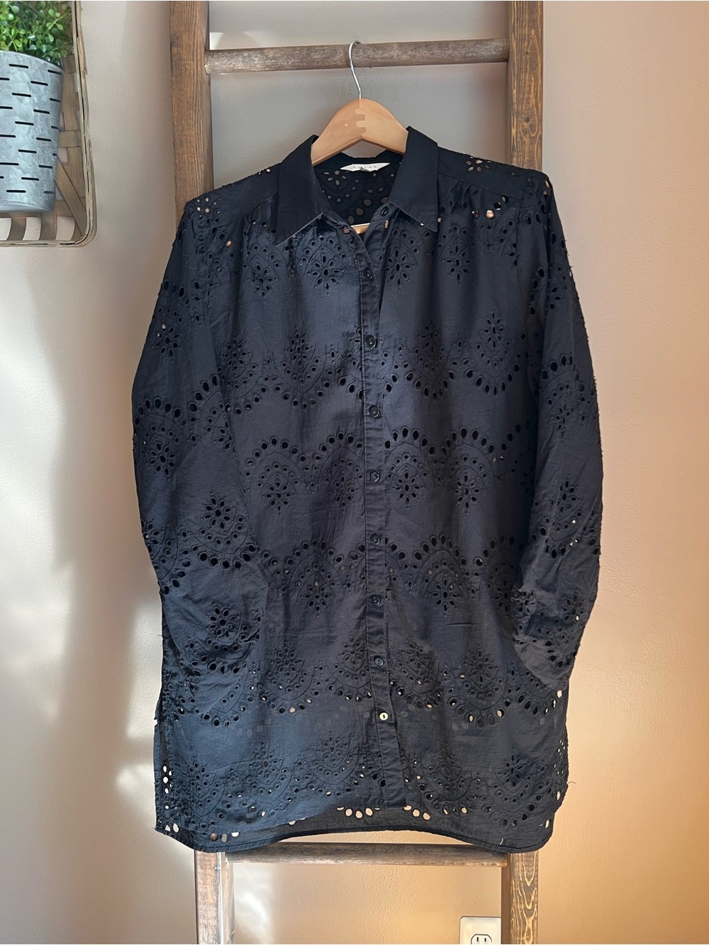 Black Eyelet Button-Front Swim Coverup